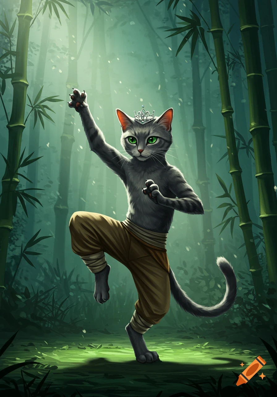 Gray cat wearing a tiara in a kung fu pose, standing in a bamboo forest, stylized illustration.