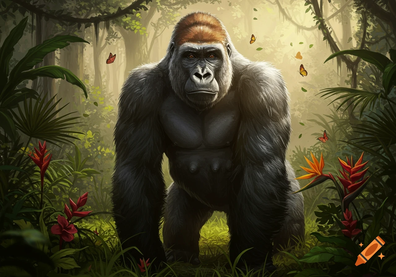 A large, muscular gorilla with reddish-brown fur on its head stands in a lush, green jungle with butterflies.