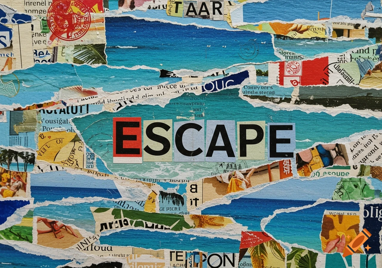 A vibrant collage made from torn magazine pages, featuring beach and ocean scenes, with the word "ESCAPE" in large letters at the center.