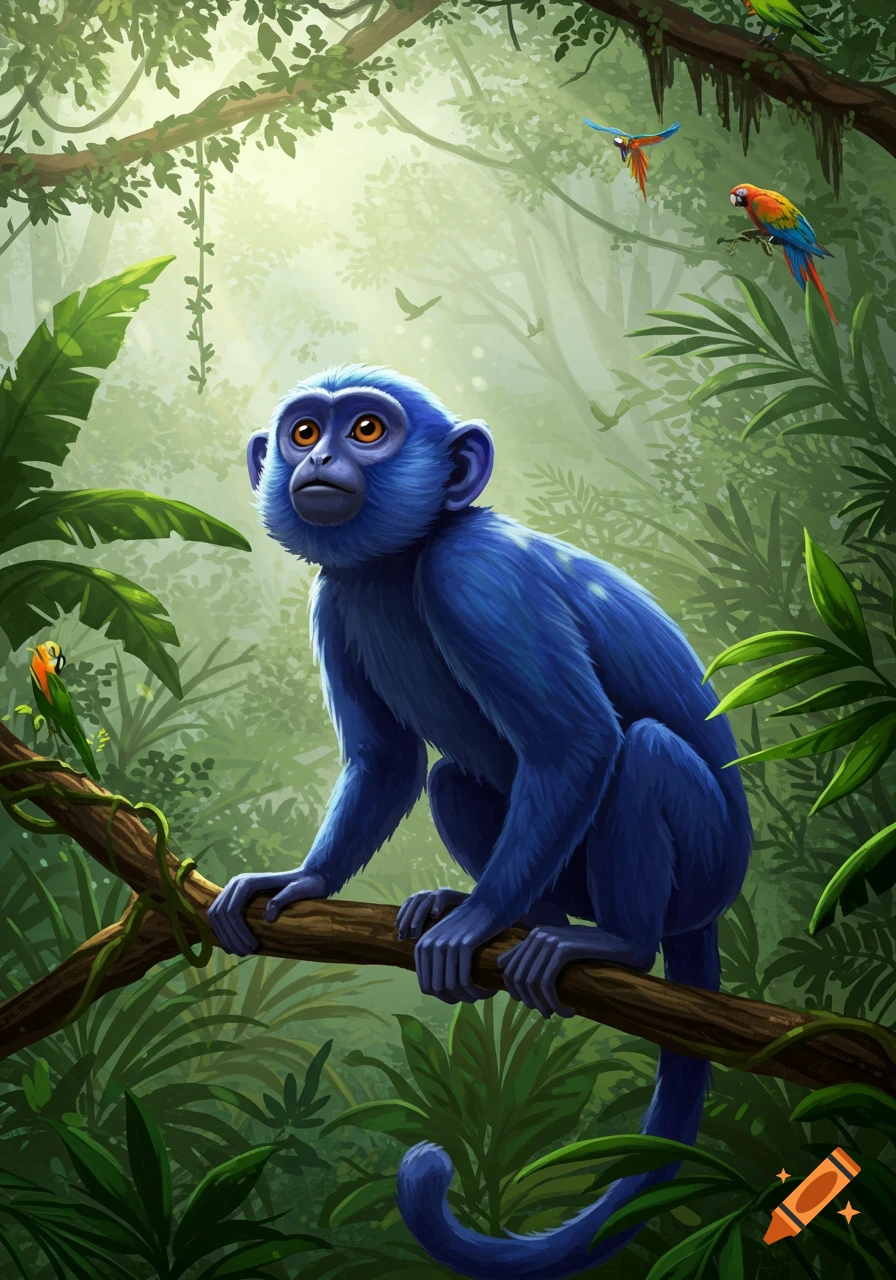 A bright blue monkey with orange eyes sits on a tree branch in a lush, green jungle with colorful birds flying.