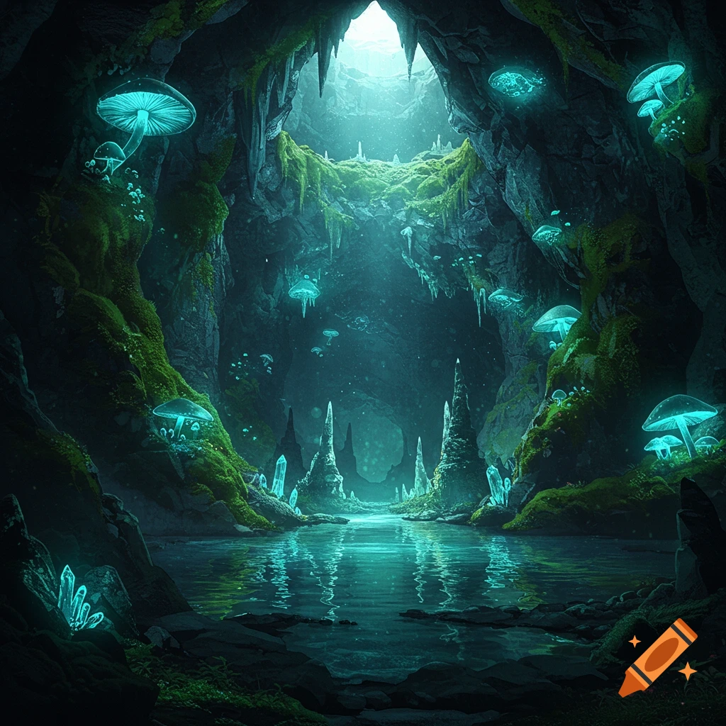 A mystical cave illuminated by glowing blue mushrooms and crystals, reflecting in an underground lake.