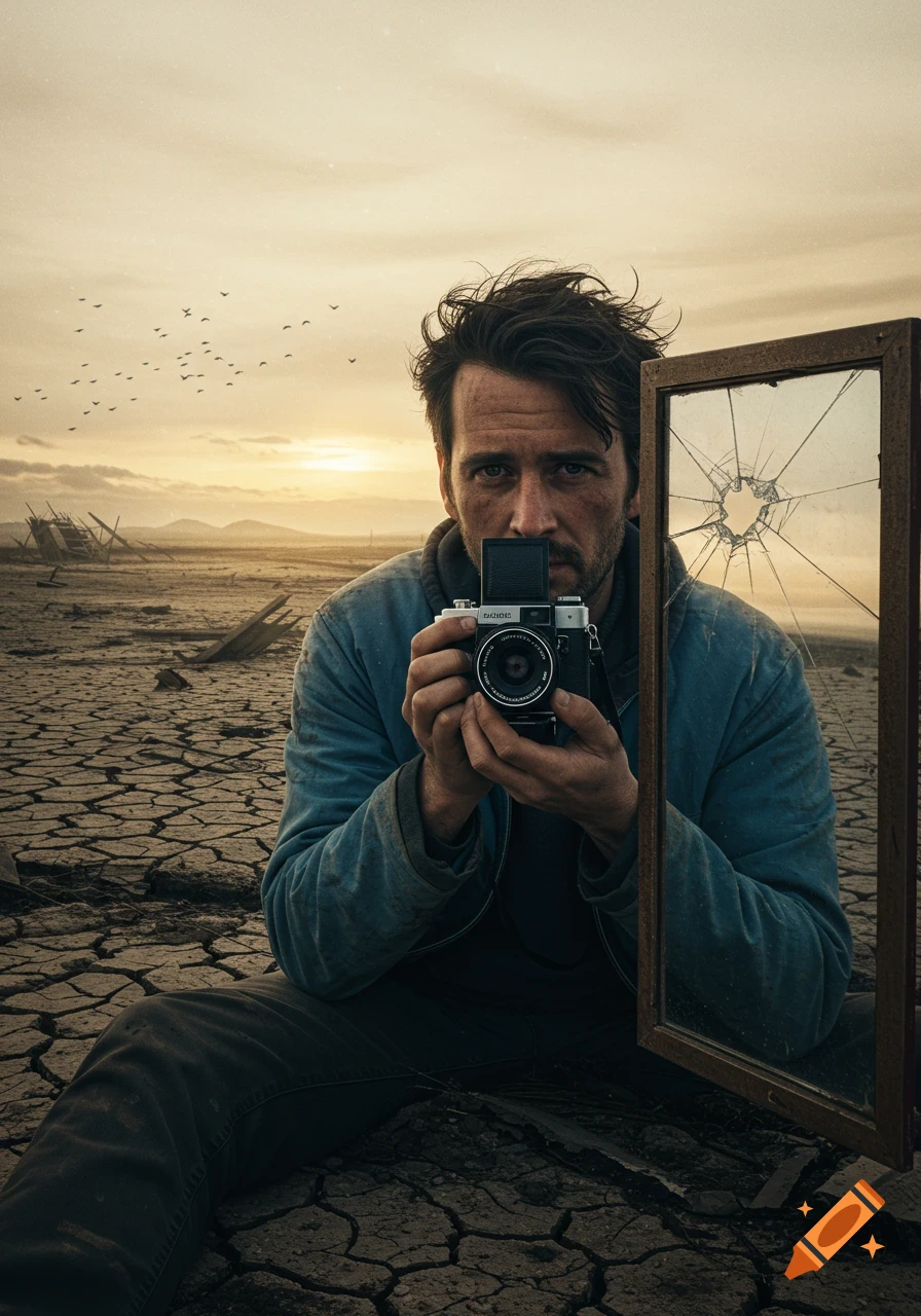 A rugged man holds a vintage camera, taking a selfie in a desolate, cracked earth landscape at sunset, with a broken mirror frame beside him.