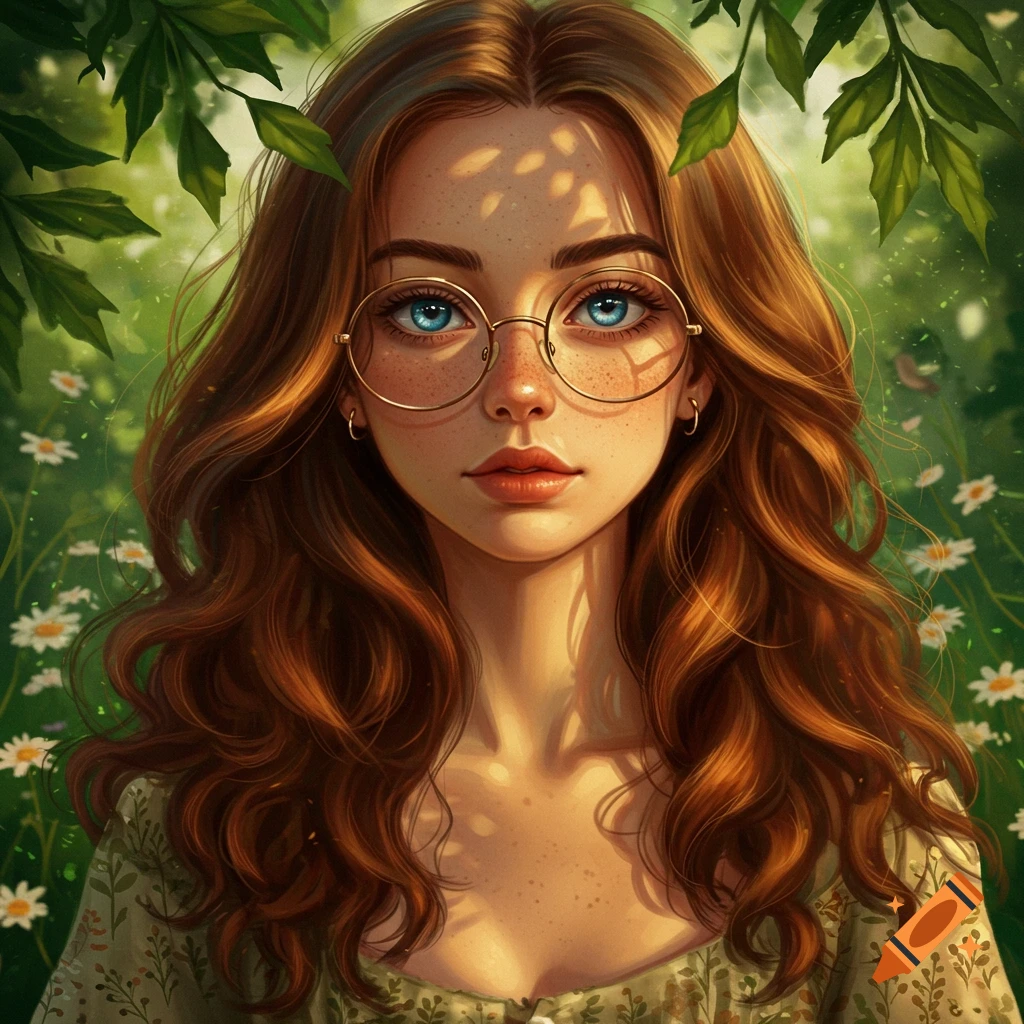 A young woman with long brown curly hair, blue eyes, and circular glasses in a lush green natural setting with flowers and dappled sunlight.