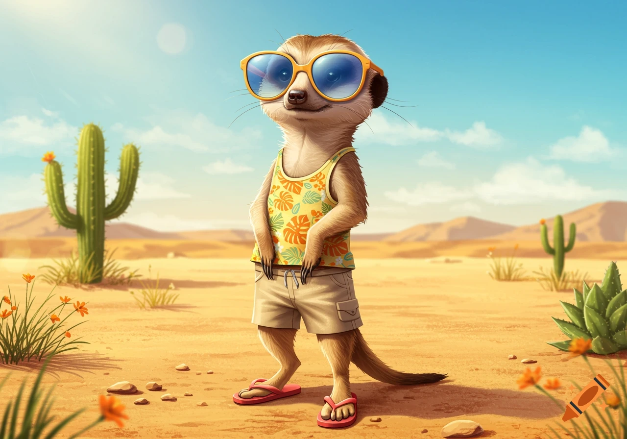 A cartoon meerkat wearing sunglasses, a floral tank top, shorts, and flip-flops stands in a sunny desert with cacti.