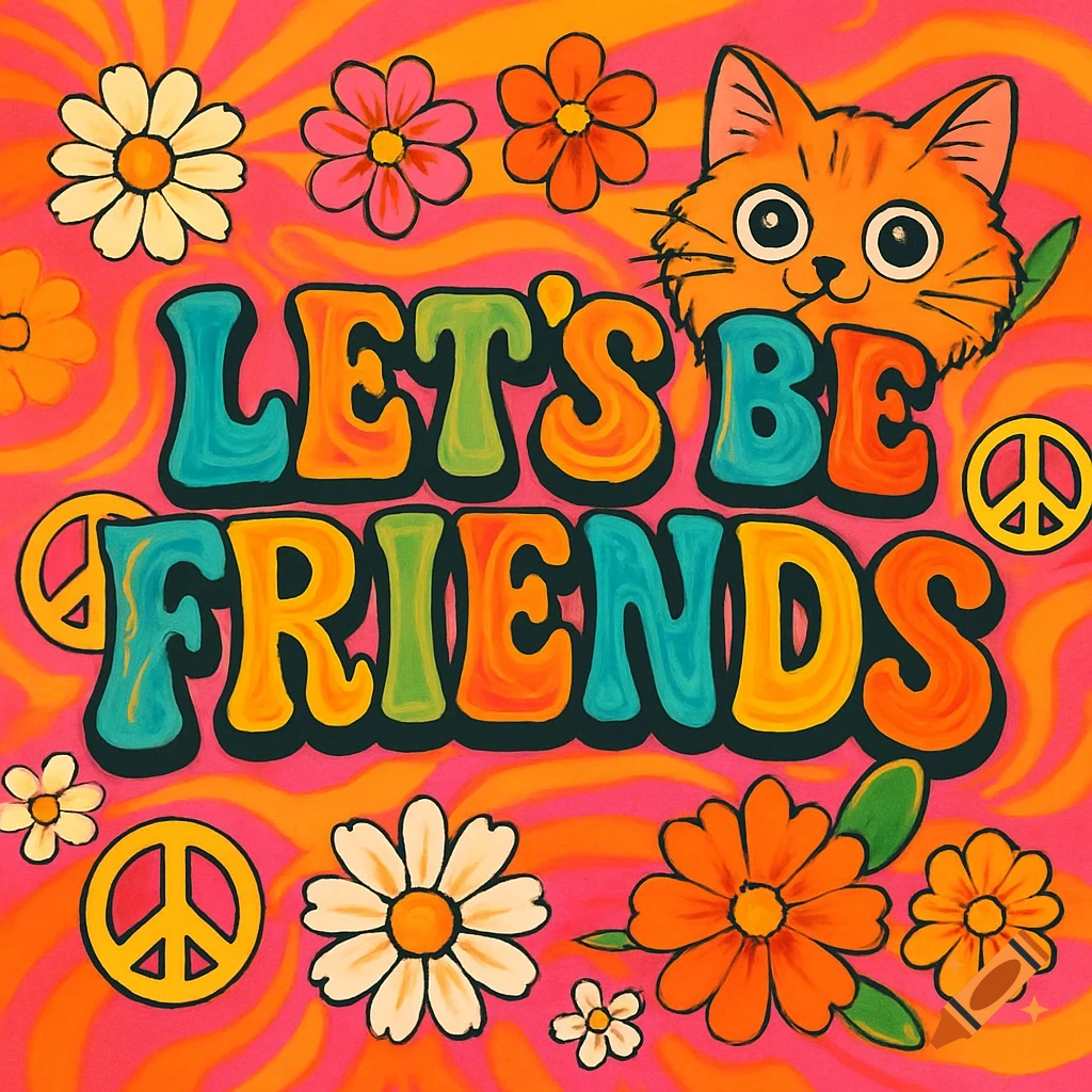 Colorful retro illustration of a cartoon cat, flowers, and peace signs with the text 'LET'S BE FRIENDS'.