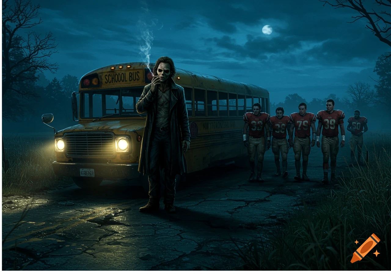 Jeepers Creepers Creeper smoking by a broken-down school bus with football players at night in a rural setting, dark fantasy art style.