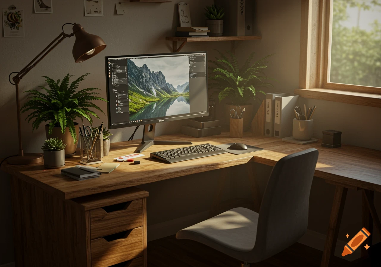 A natural computer setup on a wooden L-shaped desk in a sunlit room, featuring a monitor displaying a landscape, a keyboard, mouse, plants, and various office supplies.