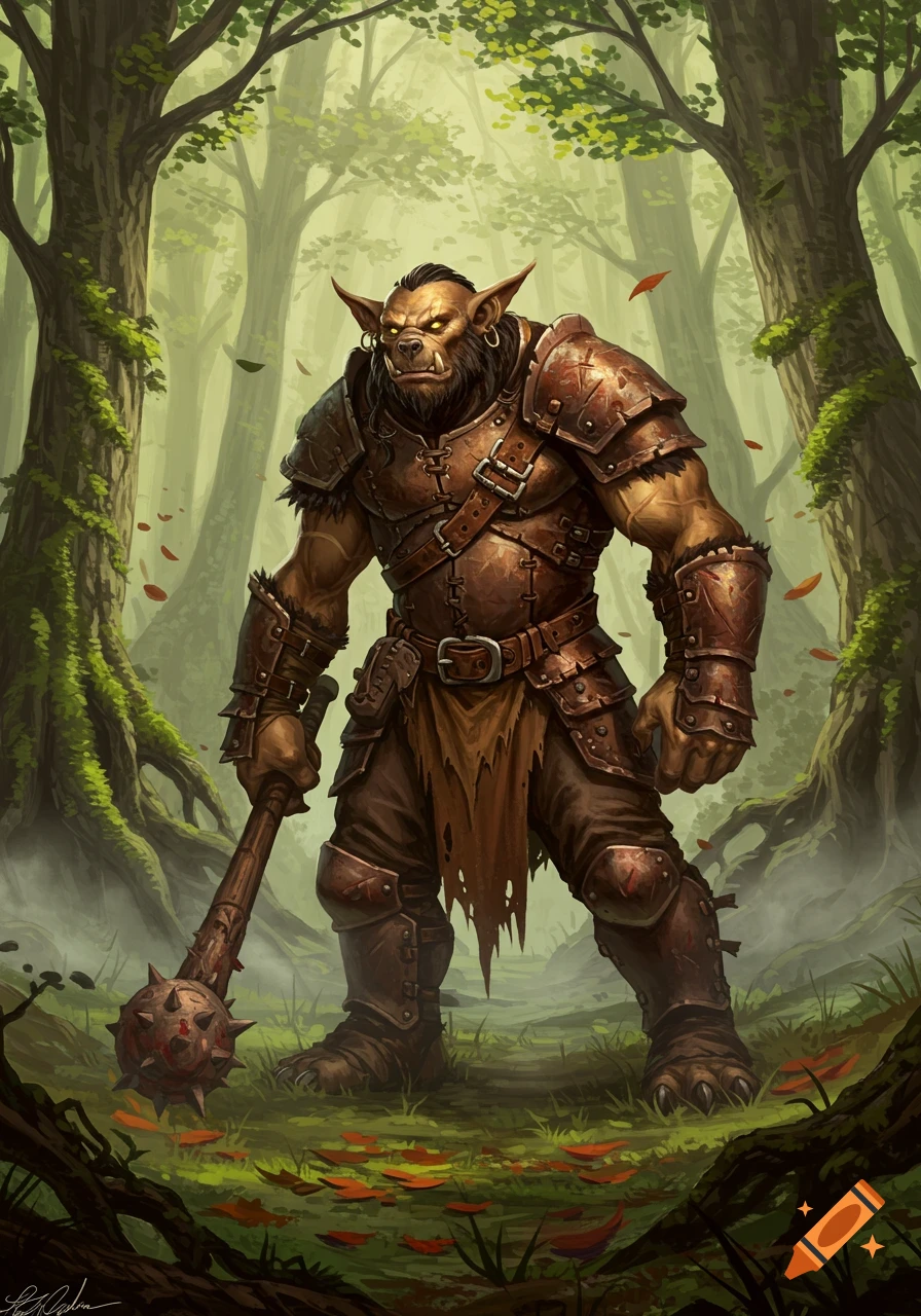 A heavily armored bugbear stands in a lush forest, holding a spiked club.