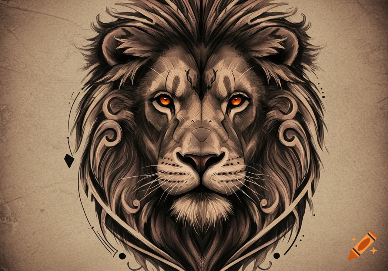 A stylized lion's head with bright orange eyes and intricate brown and grey mane with swirling patterns, in a tattoo art style.