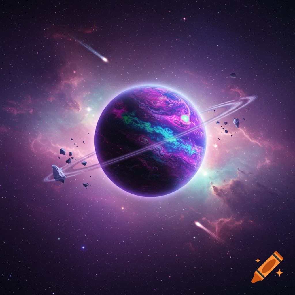 Vibrant purple and blue planet with rings, surrounded by stars and colorful nebulas.