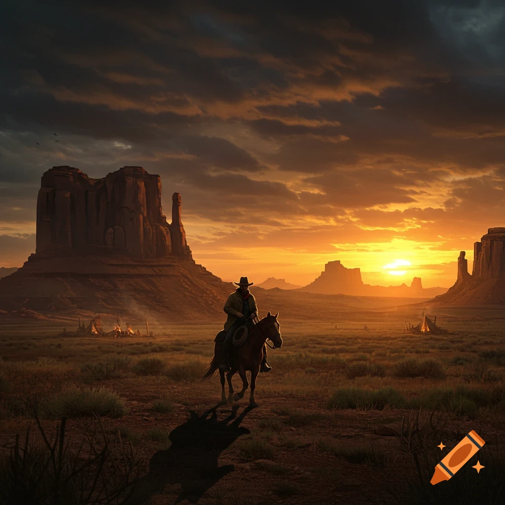 A cowboy on horseback rides through a vast desert landscape with large rock formations under a dramatic sunset.