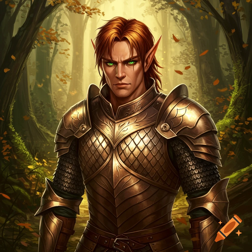 A serious male elf with reddish-brown hair and glowing green eyes wears ornate golden scale mail armor, standing in a sun-dappled forest.