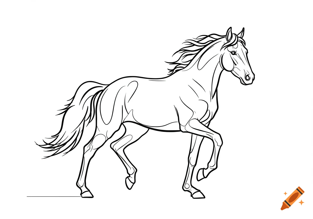 A black and white line art drawing of a horse with a flowing mane and tail, in a prancing pose.