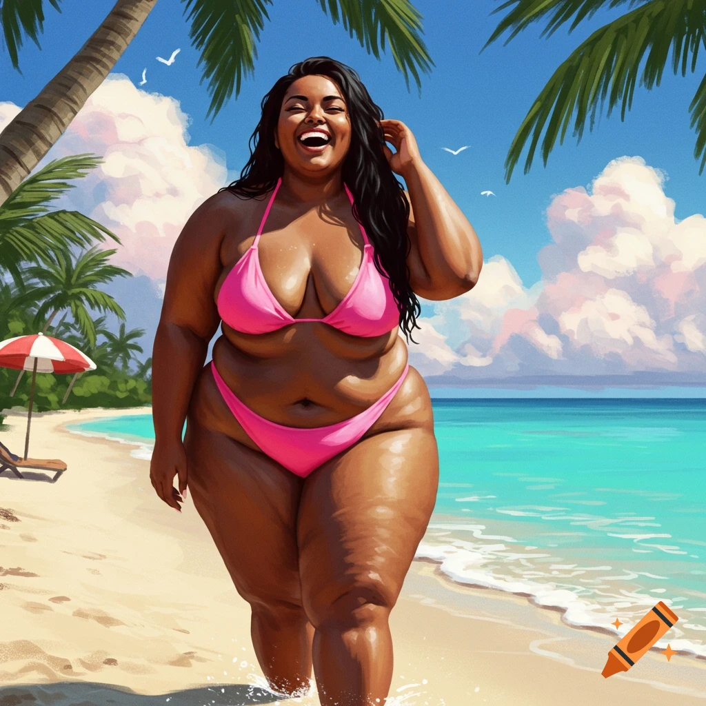 A smiling, plus-size woman in a bright pink bikini walks on a sunny beach with palm trees and turquoise water, in a painterly style.