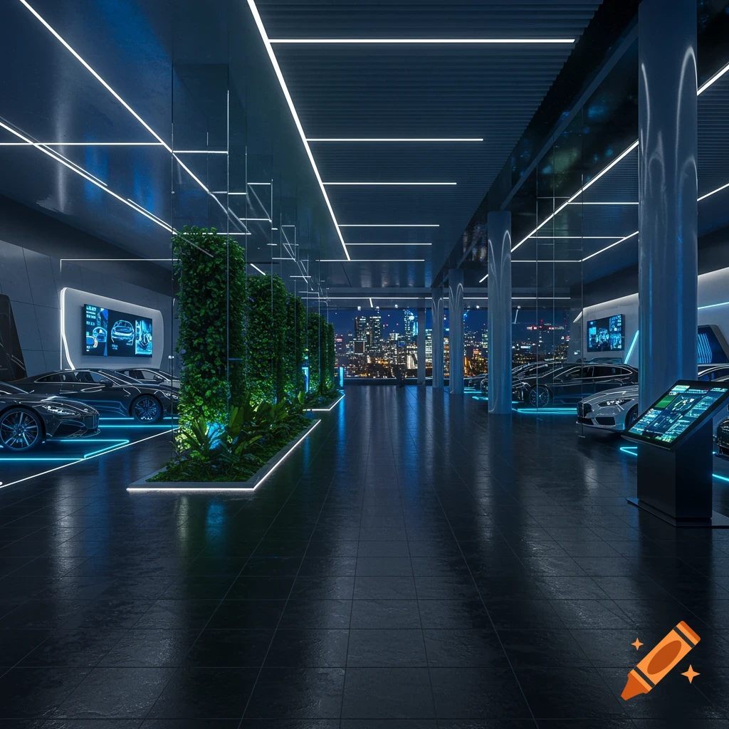 A futuristic car showroom at night with sleek cars, glowing blue lights, green plant walls, and a cityscape view.