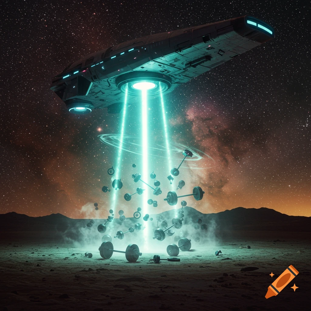A large spaceship beams up barbells and weights from an alien planet with a bright light under a starry night sky. Photorealistic style.