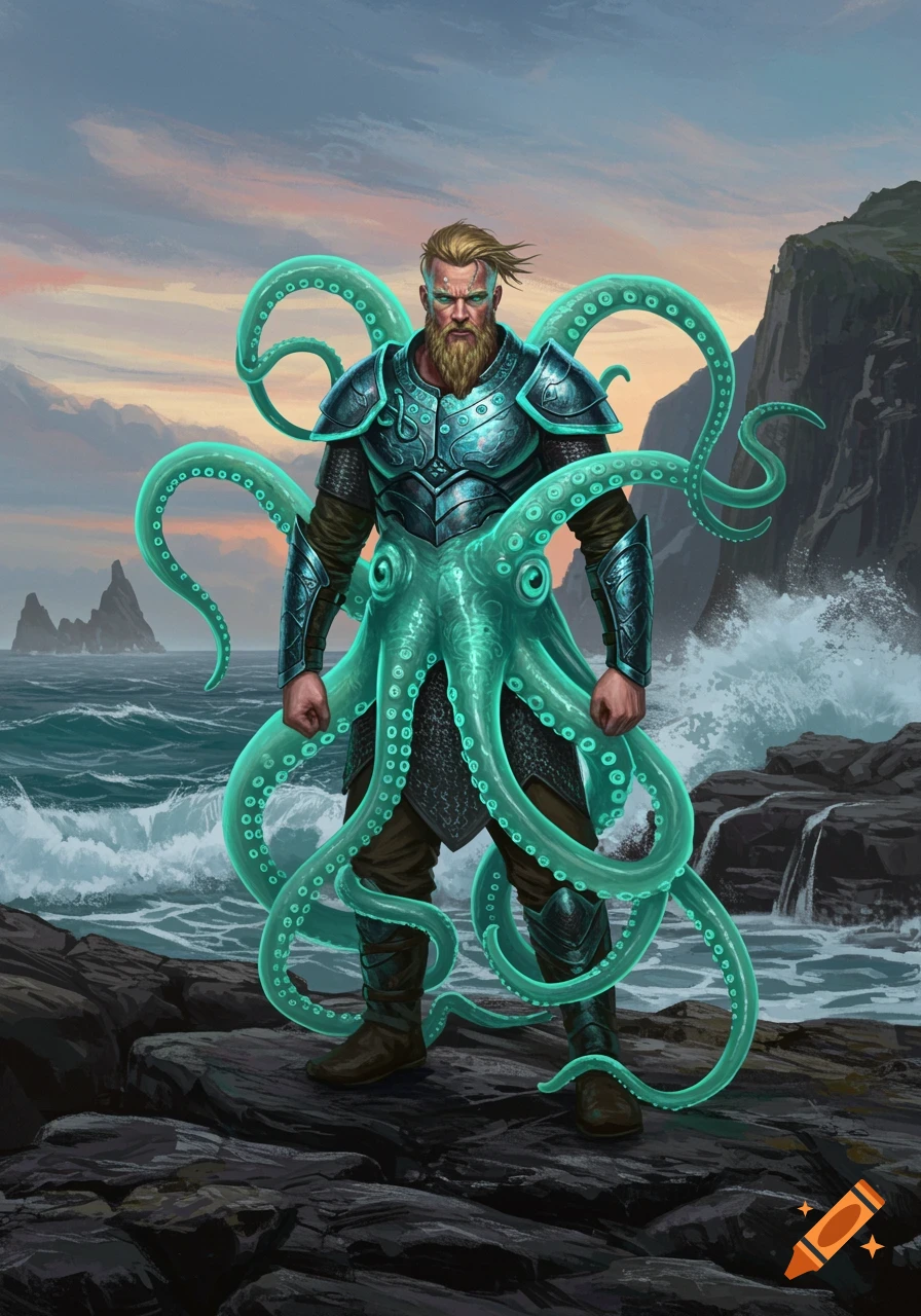 A bearded Viking warrior in metallic armor adorned with glowing turquoise octopus tentacles stands on a rocky coast with stormy waves and cliffs.