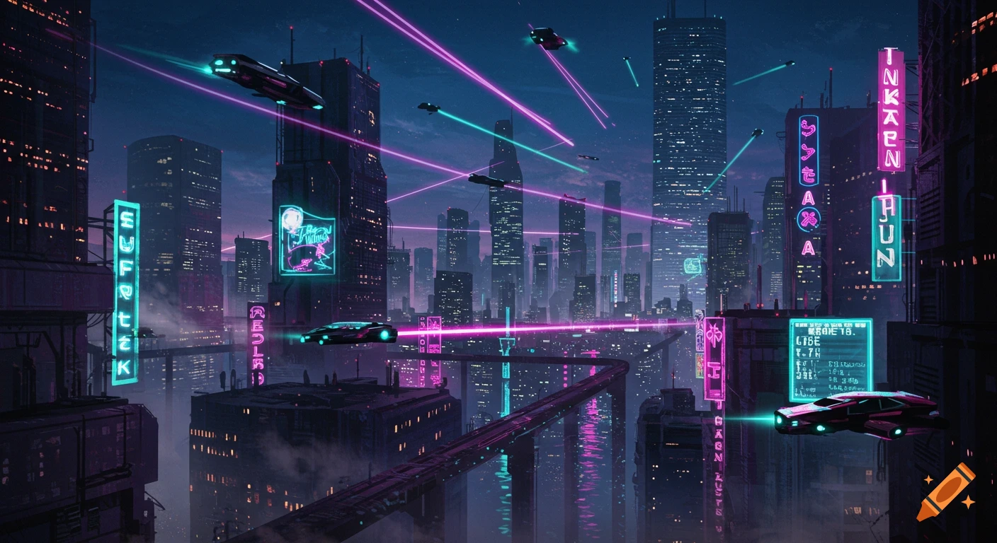 A futuristic cyberpunk city skyline at night, with towering skyscrapers illuminated by vibrant pink and teal neon signs and flying cars streaking through the sky.