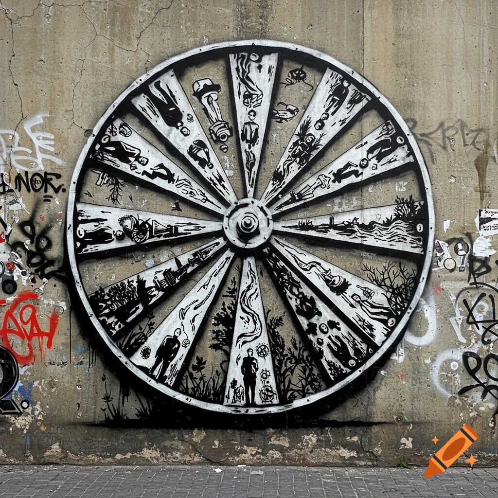 A large black and white wheel mural with detailed symbolic scenes on a grimy concrete wall with graffiti.