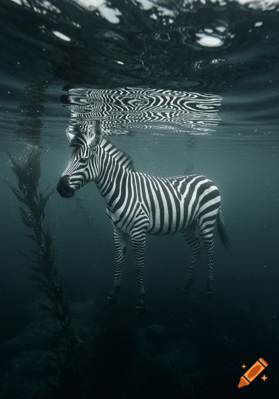Photorealistic zebra standing submerged in dark, murky underwater with kelp and water surface reflection.