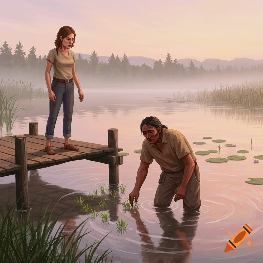 A man kneels in a misty lake planting rice while a woman stands on a nearby dock watching, at sunrise.
