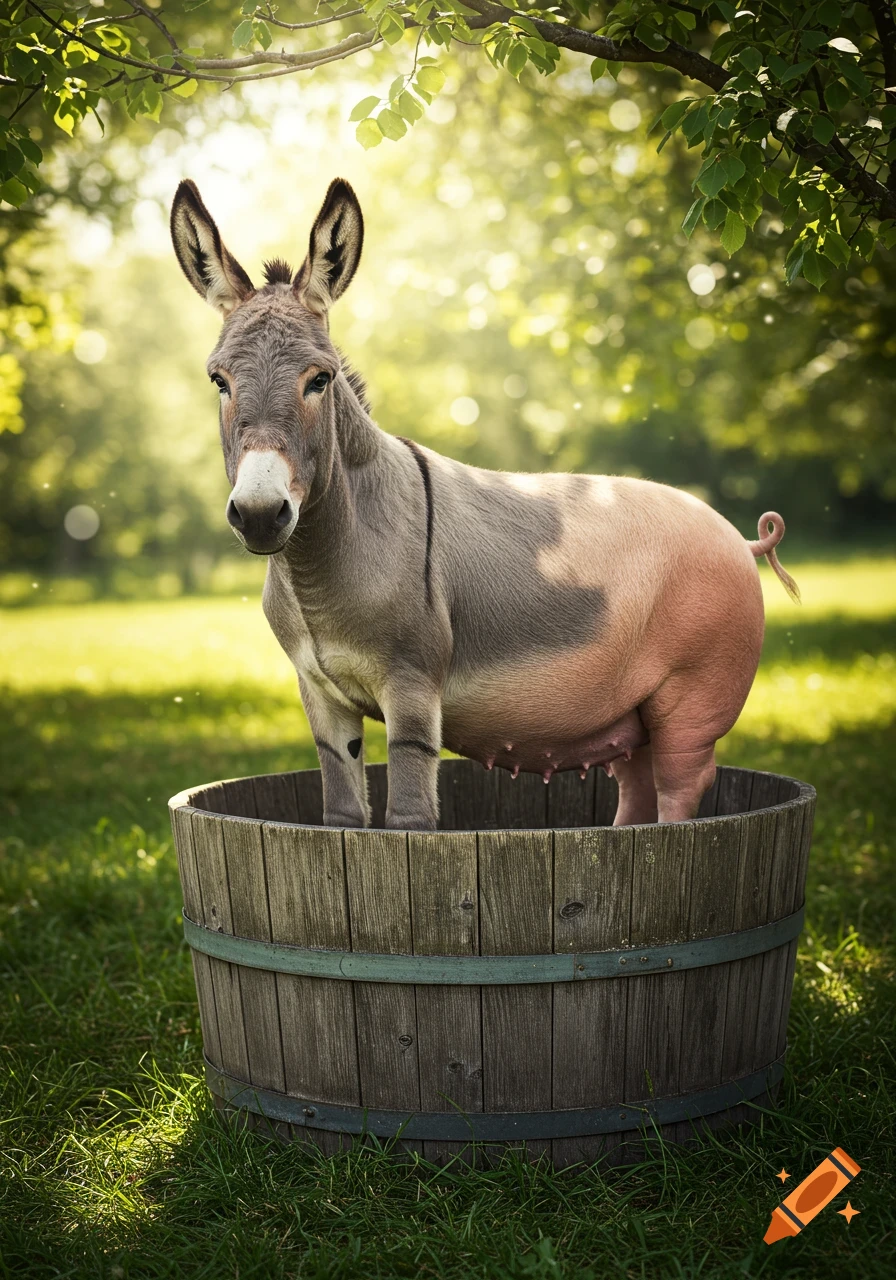 A photorealistic image of a donkey-pig chimera standing in a wooden washtub in a sunlit, grassy outdoor setting.