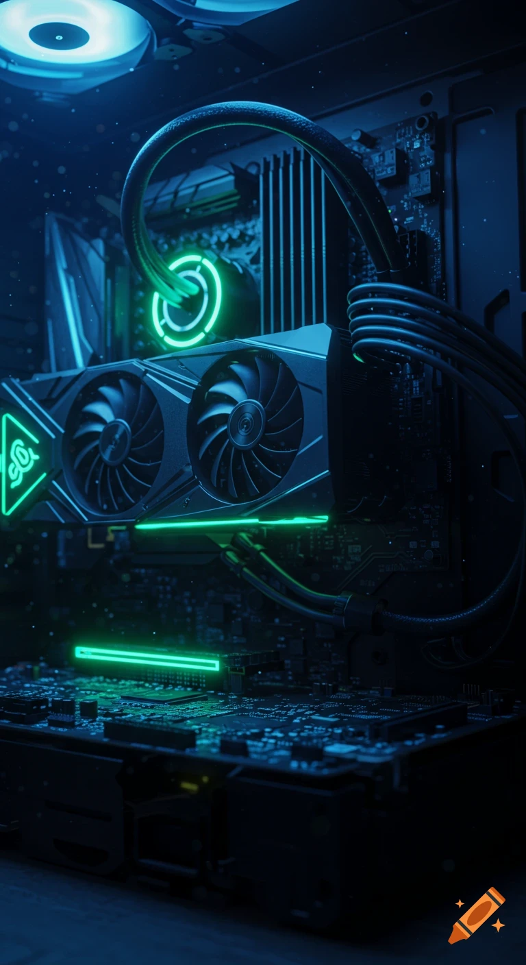 Close-up of a computer's internal hardware with glowing blue and green lights, including a GPU and fans, in a dark setting.