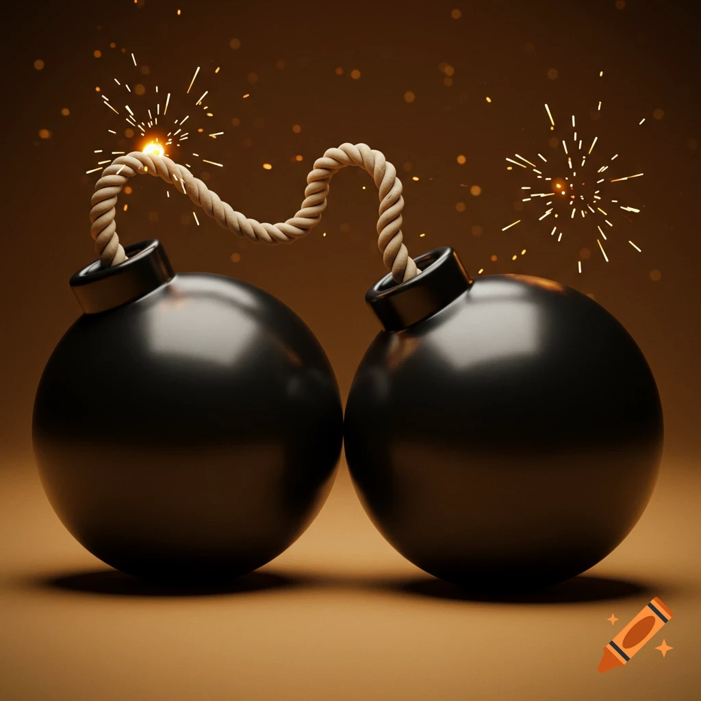 Two round black bombs with a lit wick connecting them, creating sparks, against a warm brown background in a 3D render style.