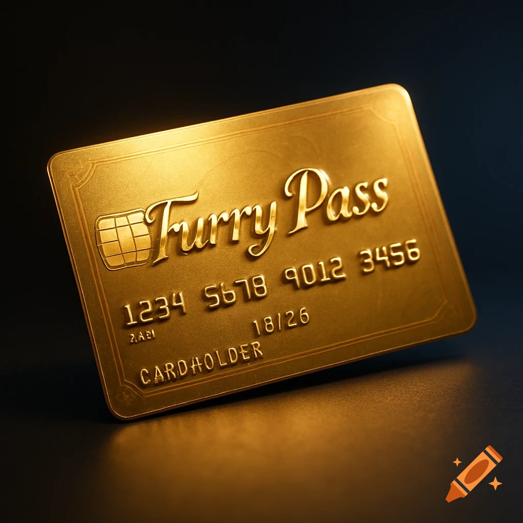 A close-up, photorealistic image of a golden credit card with 'Furry Pass' embossed on it, along with numbers and 'CARDHOLDER'.