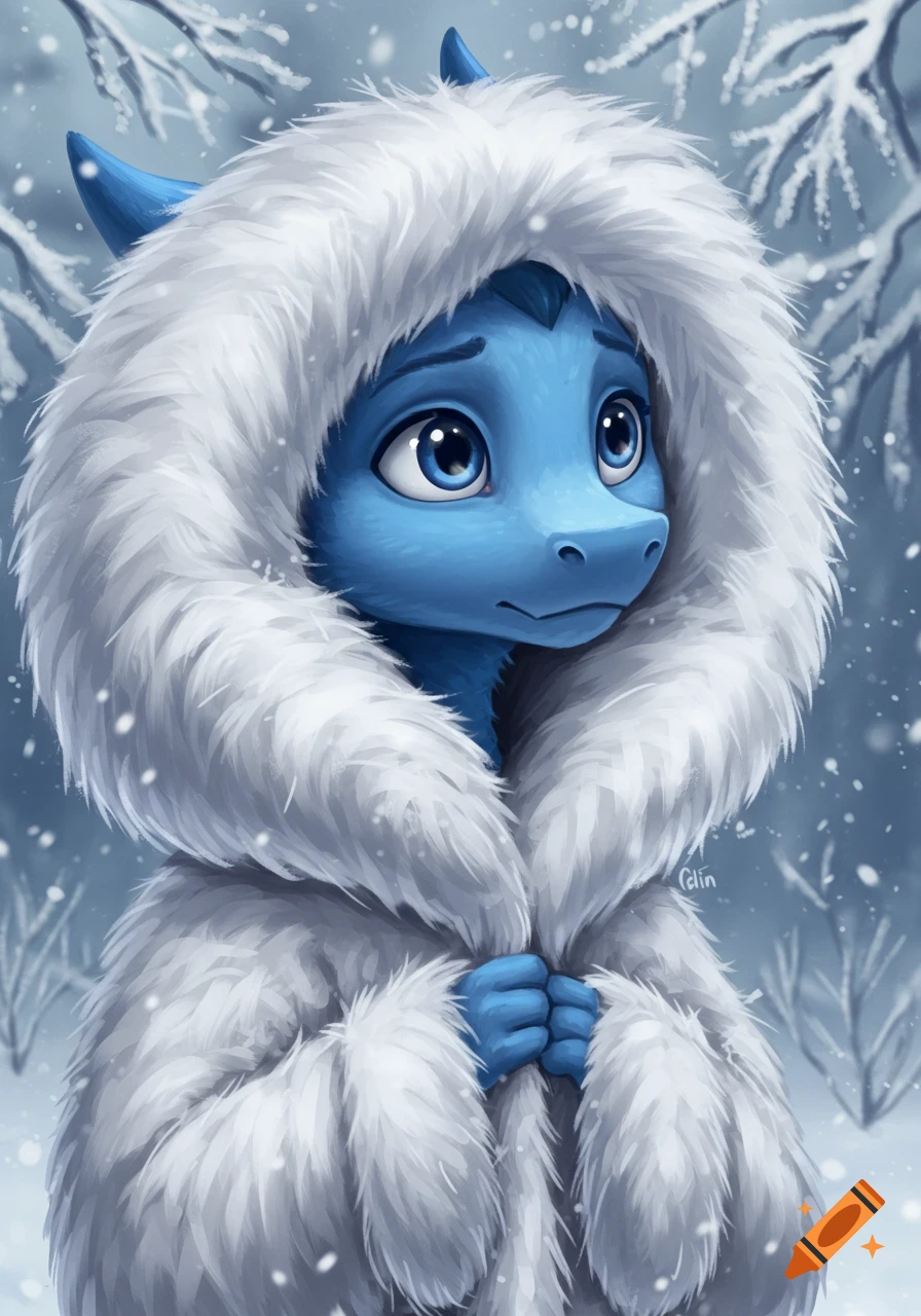 A cute blue dragon-like creature in a fluffy white fur coat stands in a snowy winter forest.