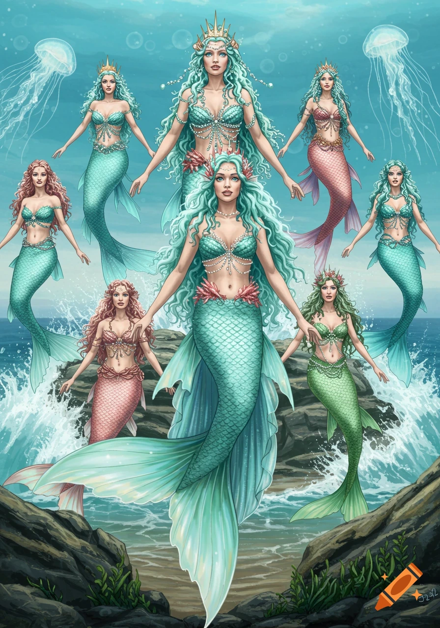 Illustration of seven mermaids with vibrant tails and intricate seashell tops and crowns, in an ocean and rocky shore setting.