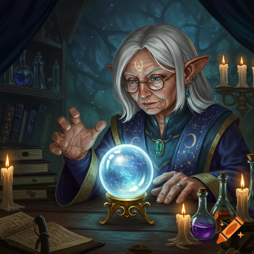 An elderly fantasy fortune teller with white hair and pointed ears gazes into a glowing crystal ball amidst candles, books, and potions.