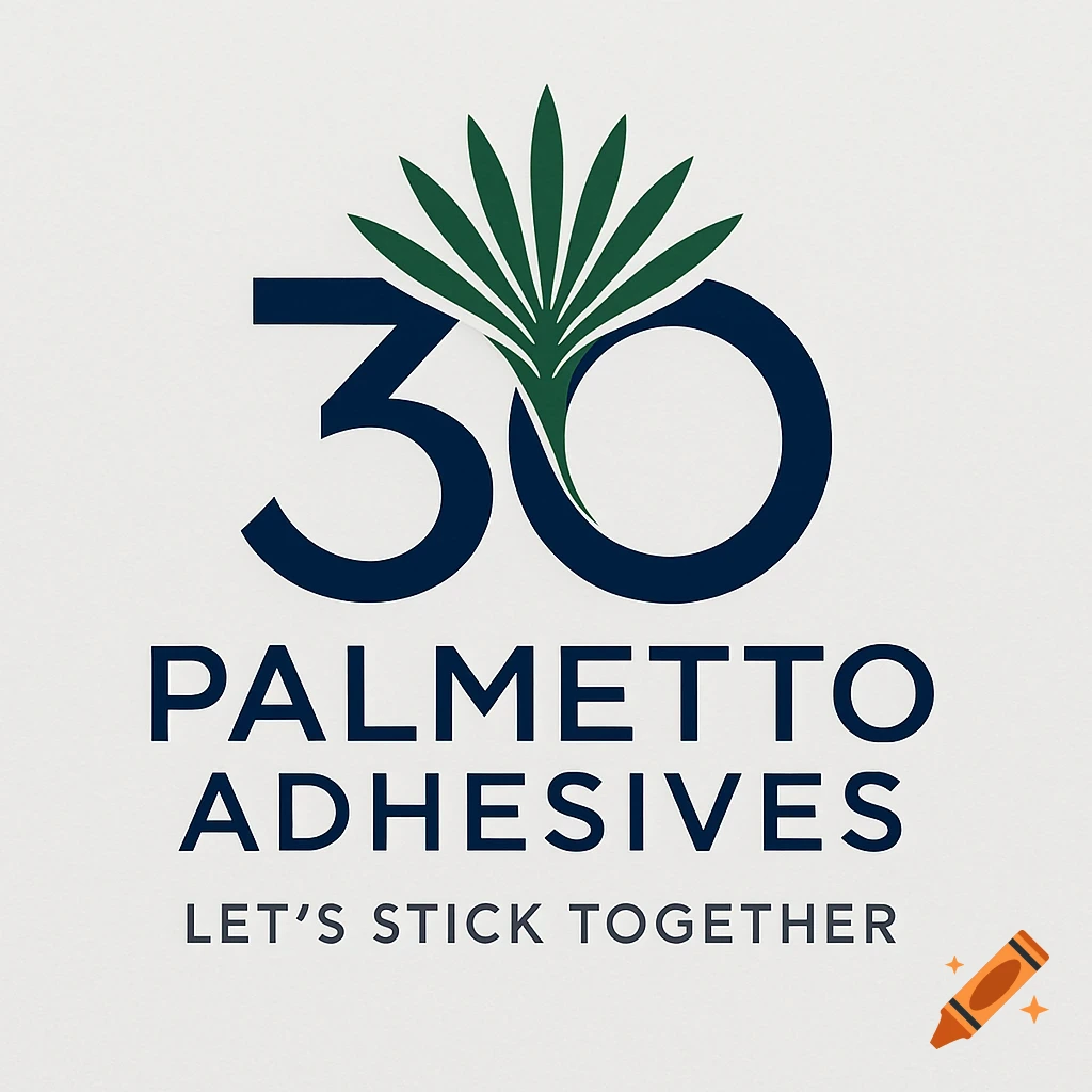 A logo for Palmetto Adhesives, featuring a large dark blue '30' with a green palm frond emerging from the '0', above the words 'PALMETTO ADHESIVES' and 'LET'S STICK TOGETHER' on a light background.