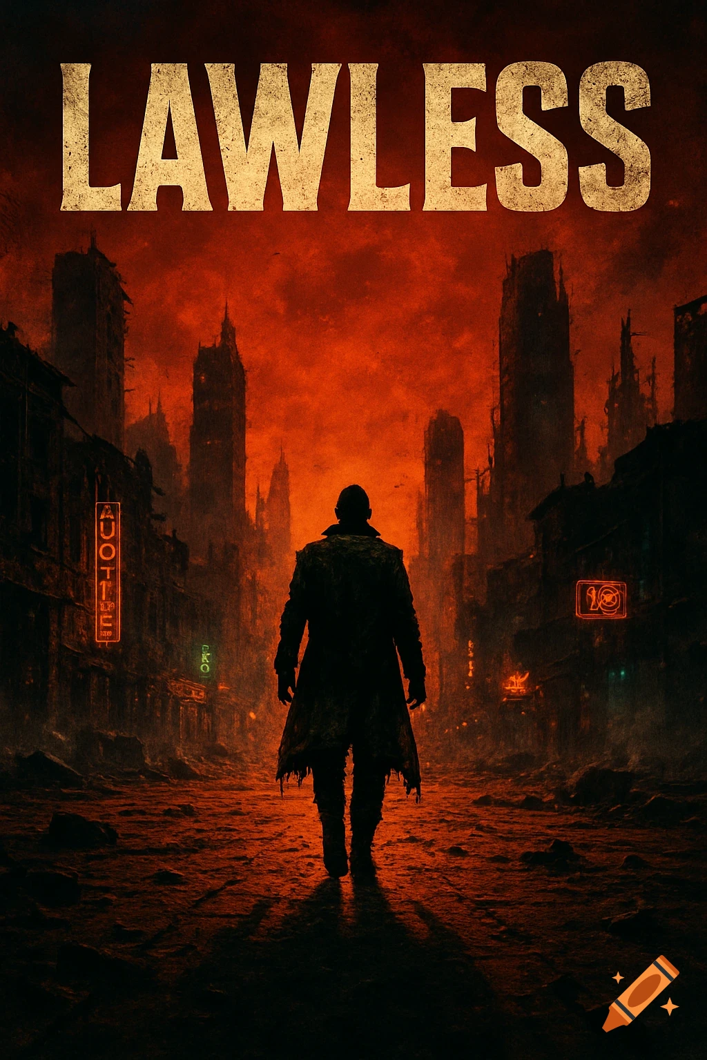 A silhouetted figure stands in a desolate, ruined city under a burning orange sky. The word 'LAWLESS' is prominent at the top.
