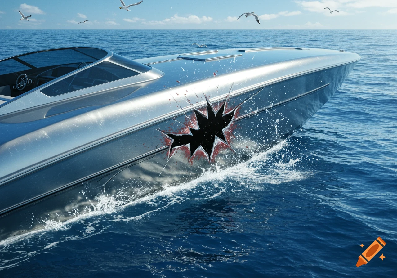 A silver speed boat with a jagged hole and red liquid on its side, splashing through blue ocean waters with seagulls flying.