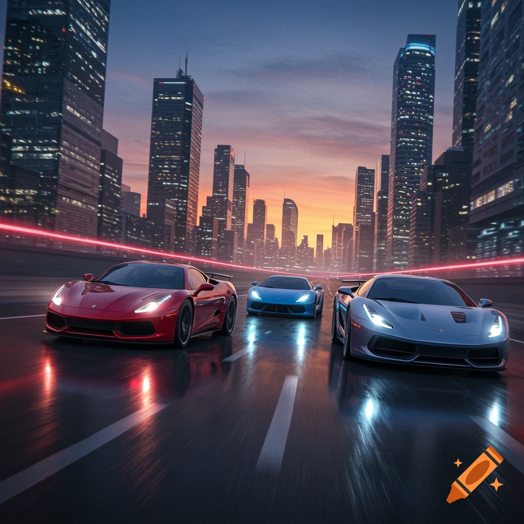 Three super cars, red, blue, and gray, race down a city street at sunset with skyscrapers in the background.