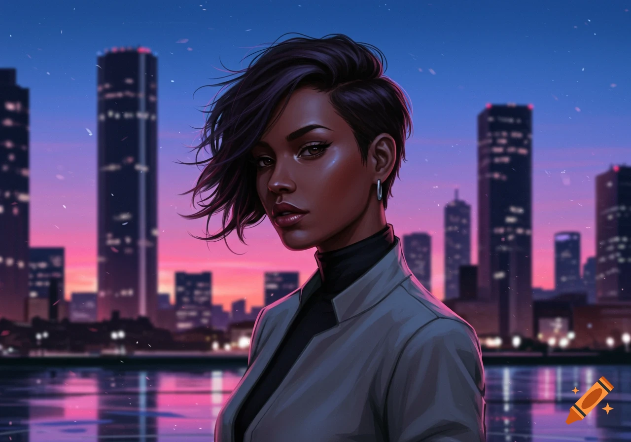 Digital art portrait of a woman with short dark hair in a jacket, against a vibrant pink and blue city skyline at sunset.