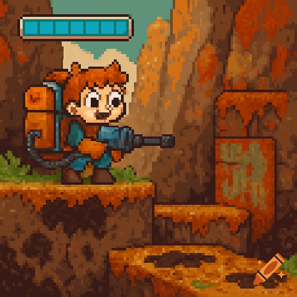 Pixel art of a smiling character with a backpack and pressure washer standing on a muddy platform, with a segmented bar above.