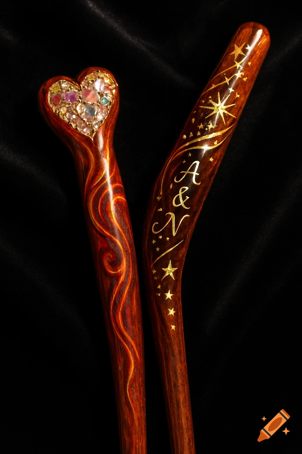 Two ornate wooden sticks, one with a heart of colorful gems, the other with gold stars and initials 'A & N', against a dark background.