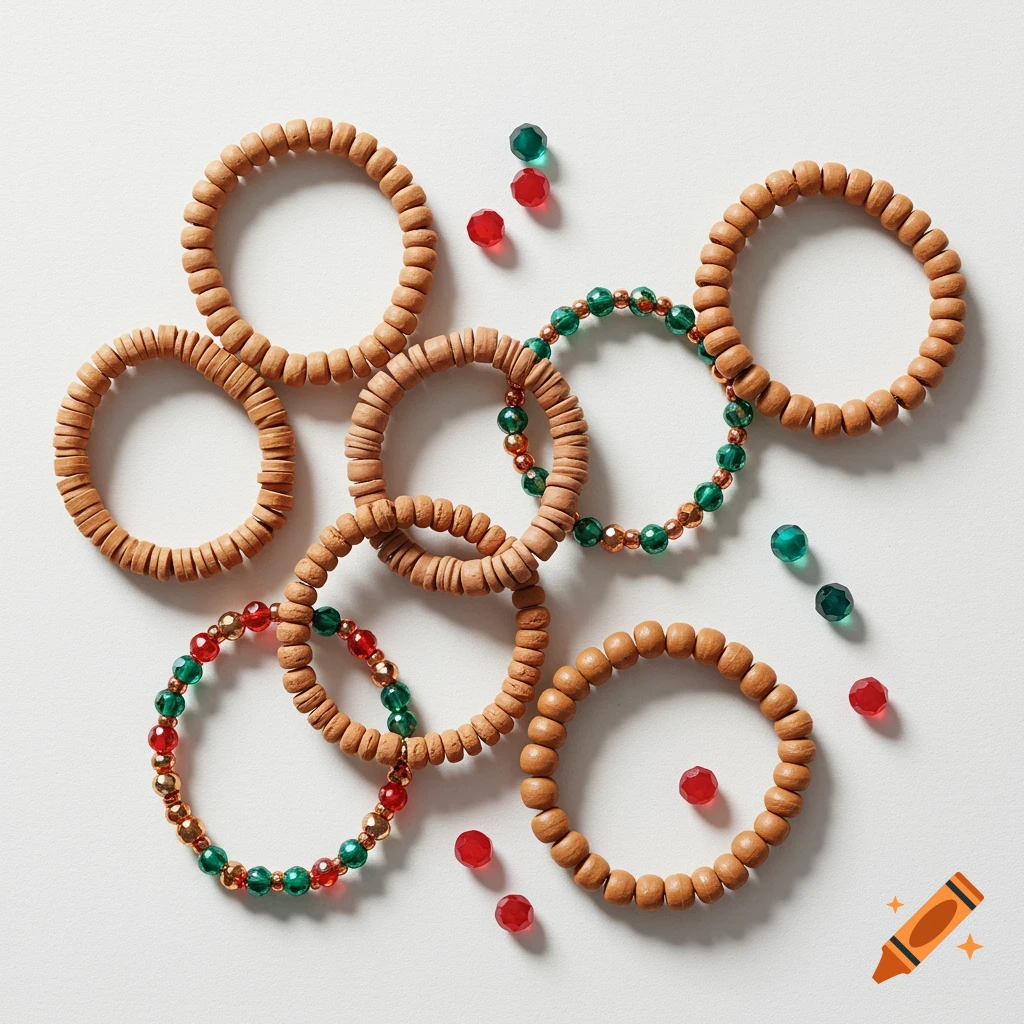 A flat lay of several wooden and glass beaded bracelets in green, red, and gold, with loose beads, on a white background.