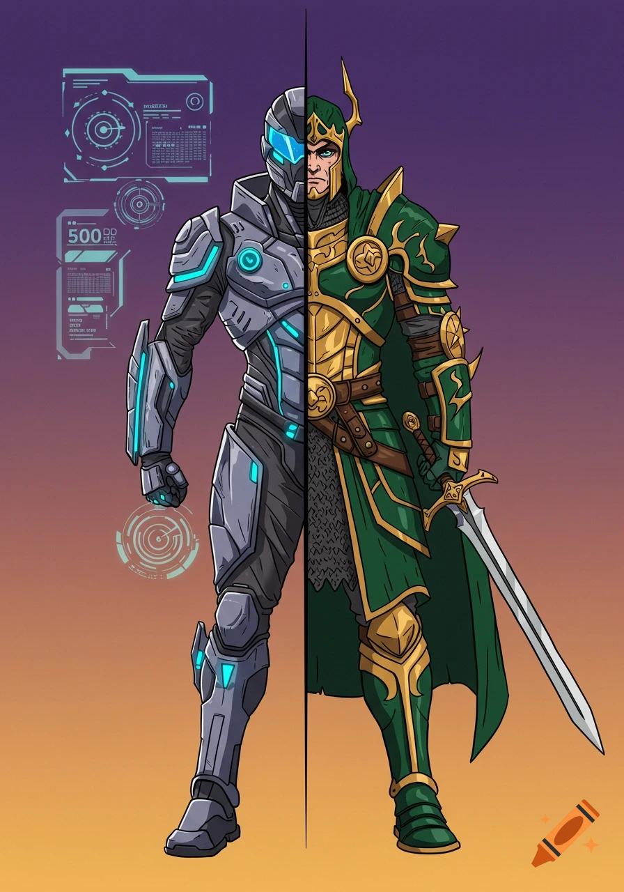 A character split vertically, half in futuristic armor with glowing blue accents and half in green and gold fantasy armor with a sword.