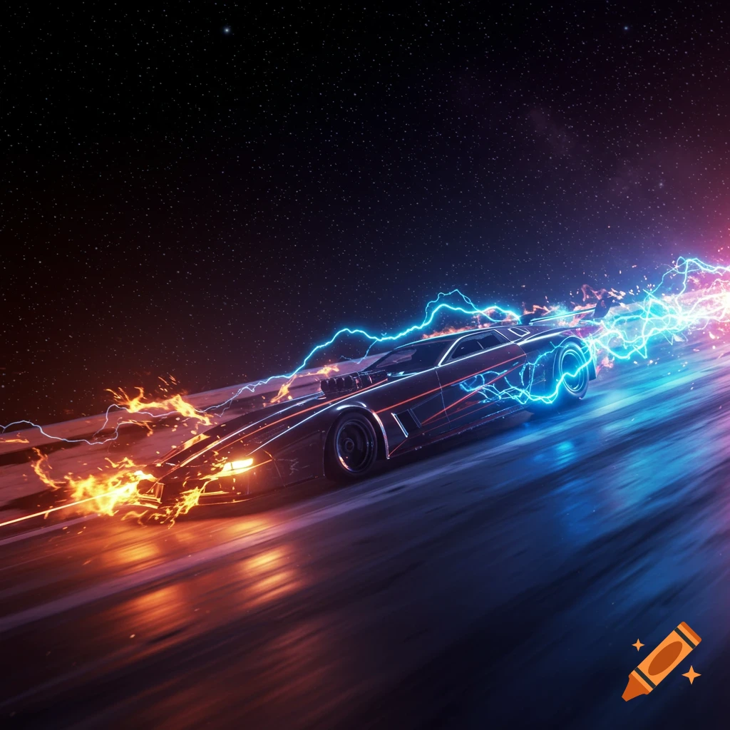 A futuristic drag car speeding through space with vibrant blue and orange energy trails.