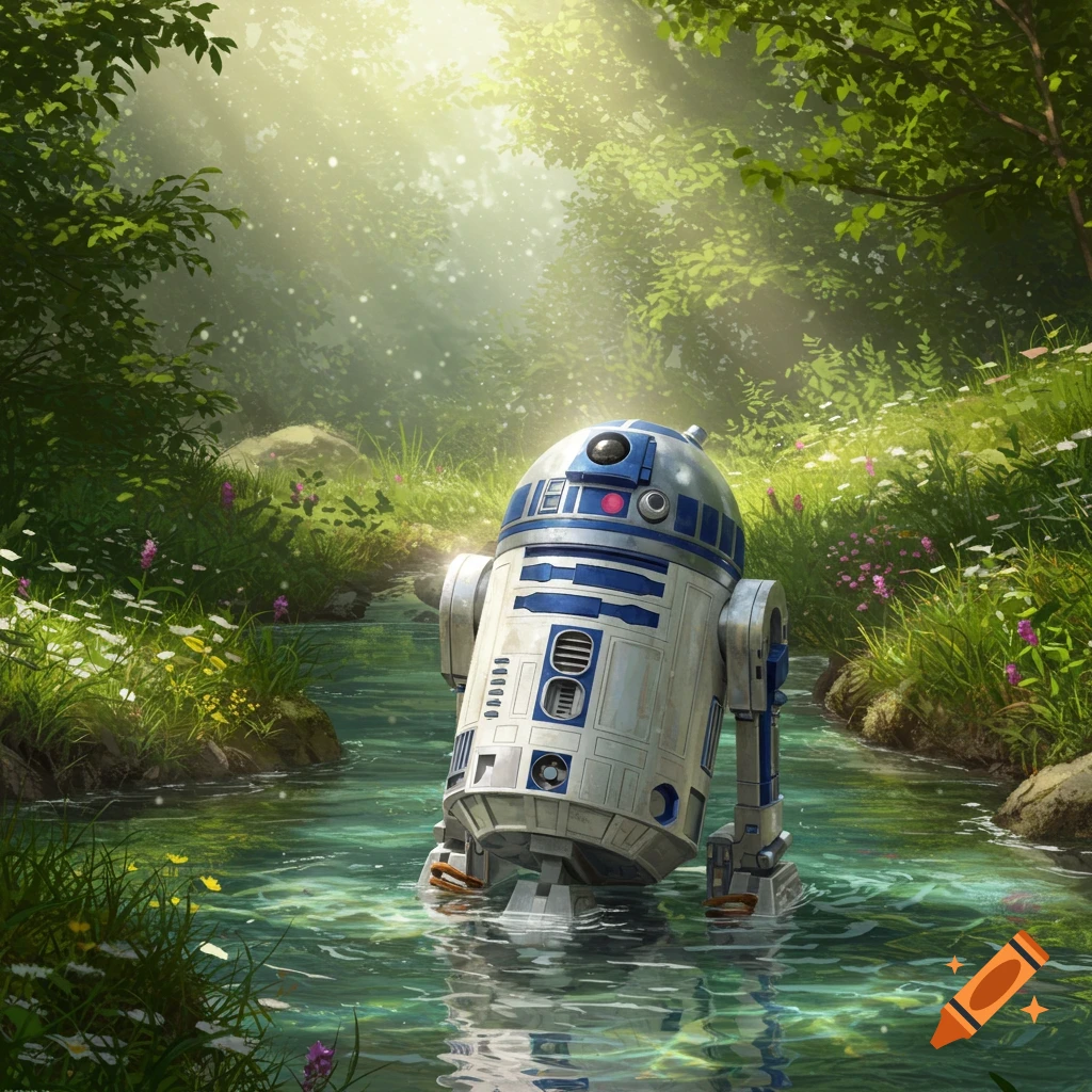 R2D2 standing in a shallow stream in a lush, sunlit forest, surrounded by green foliage and wildflowers, digital painting.