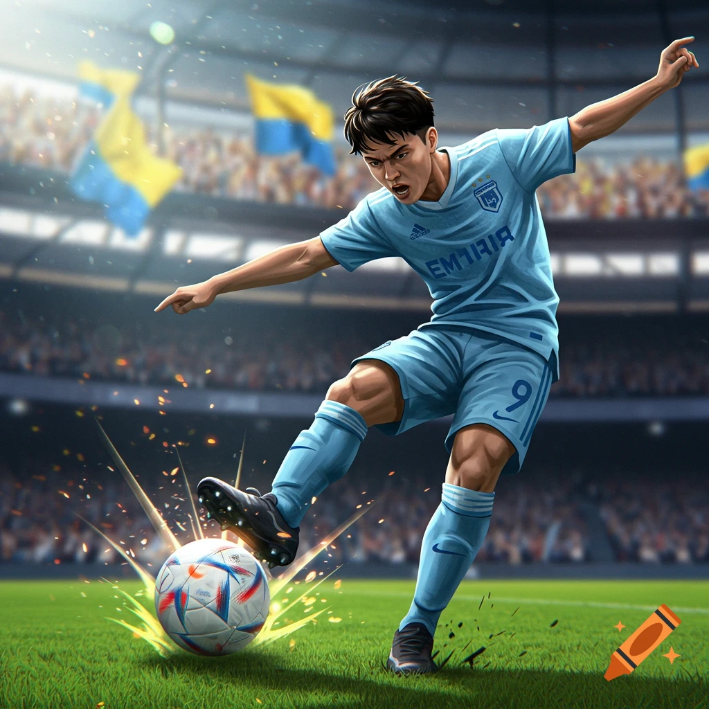 A male soccer player in a light blue uniform kicks a soccer ball in a stadium, digital art style.