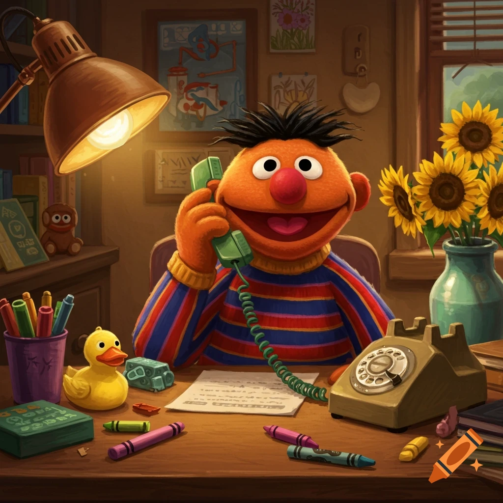 Ernie from Sesame Street sits at a desk talking on a vintage telephone, surrounded by crayons, a rubber duck, and sunflowers in an illustrative style.