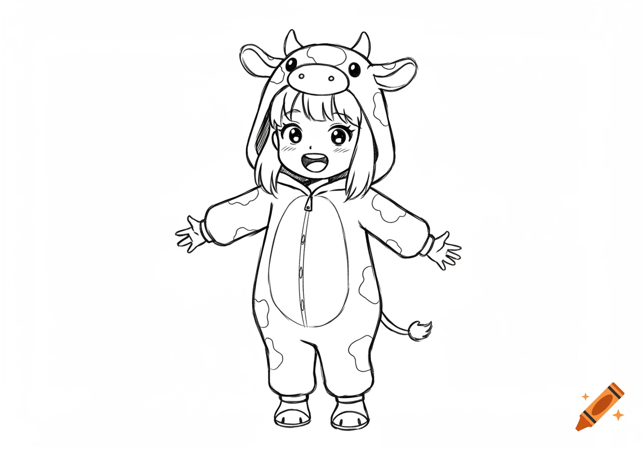 Black and white sketch of a happy cartoon girl wearing a cow onesie.