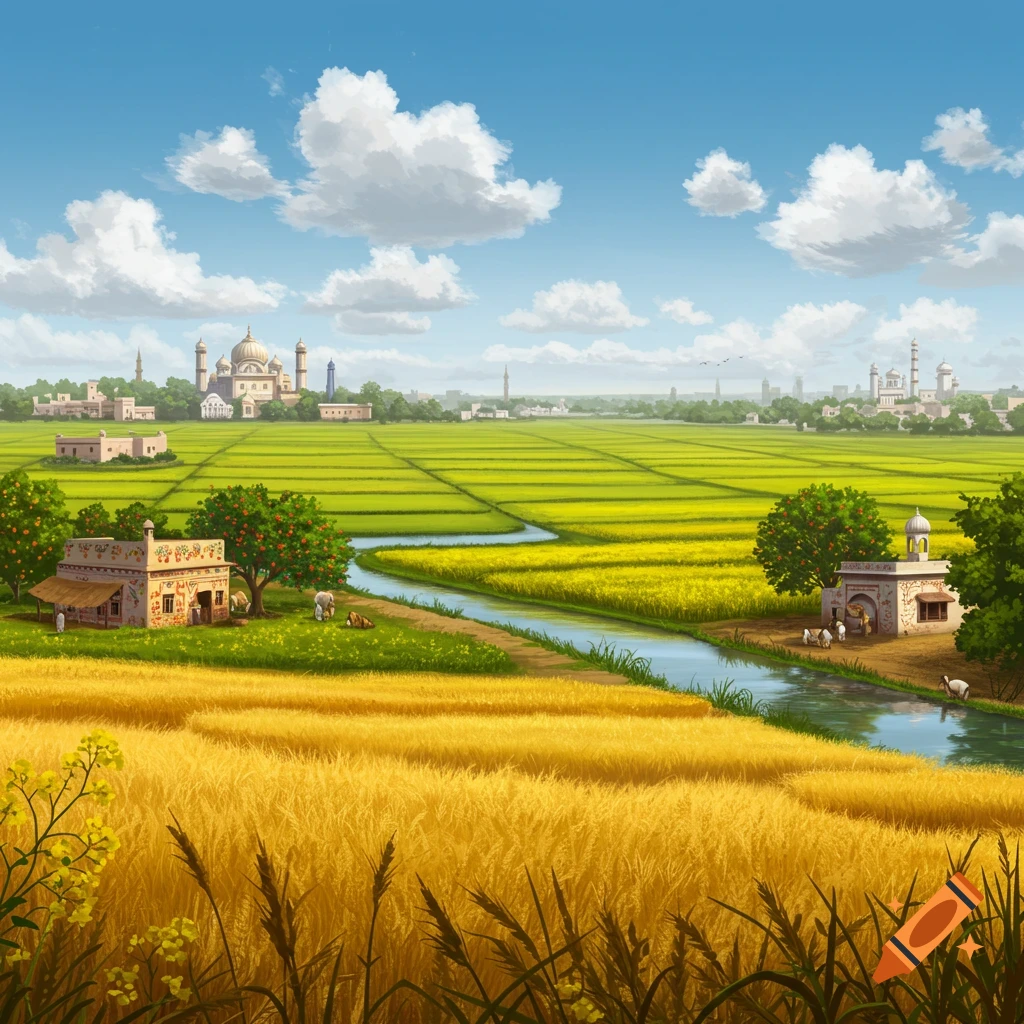 An illustrated rural landscape with green and golden fields, a winding river, village houses, and distant domed buildings under a blue sky.