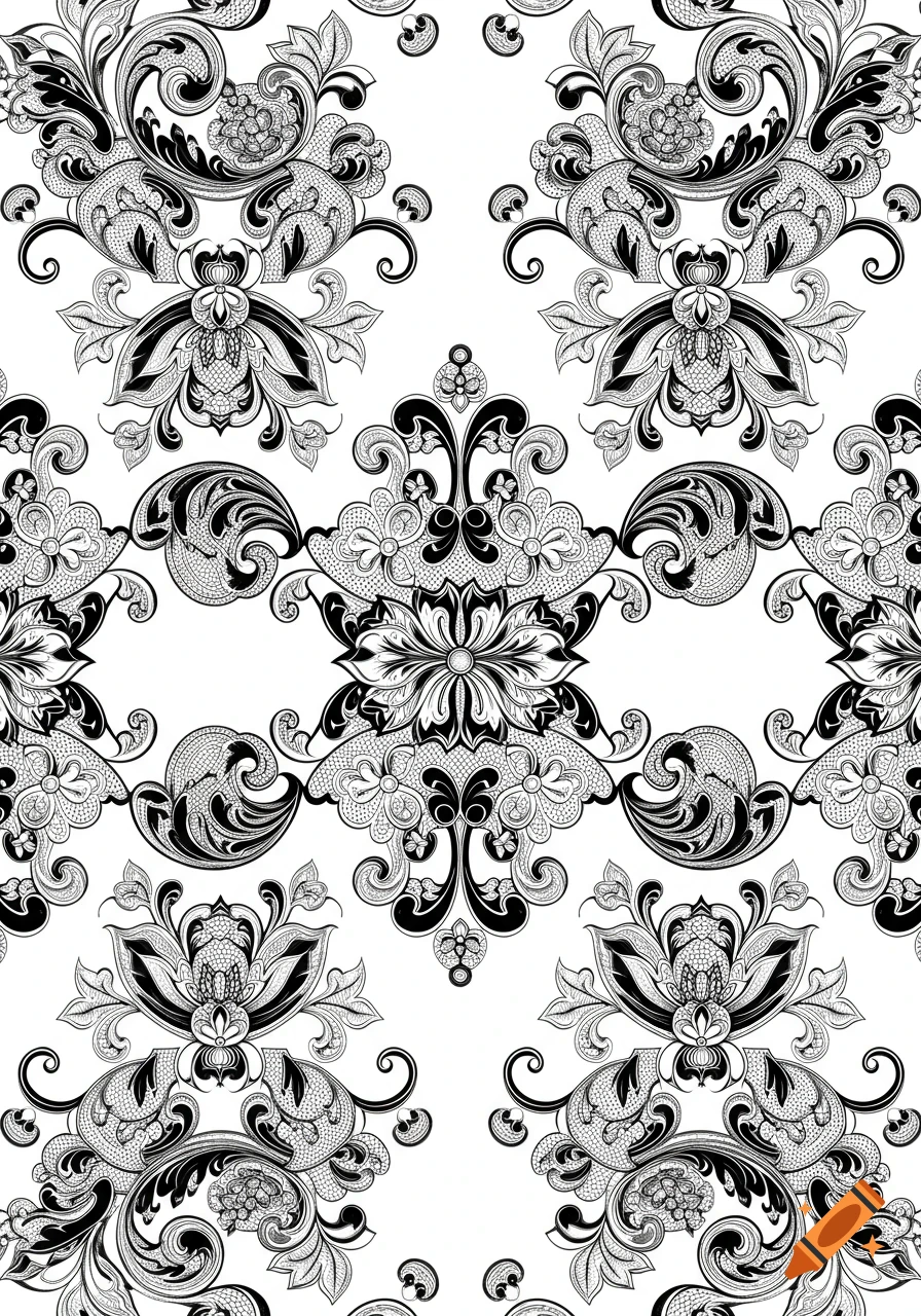 An intricate black and white seamless pattern featuring floral and lace motifs.