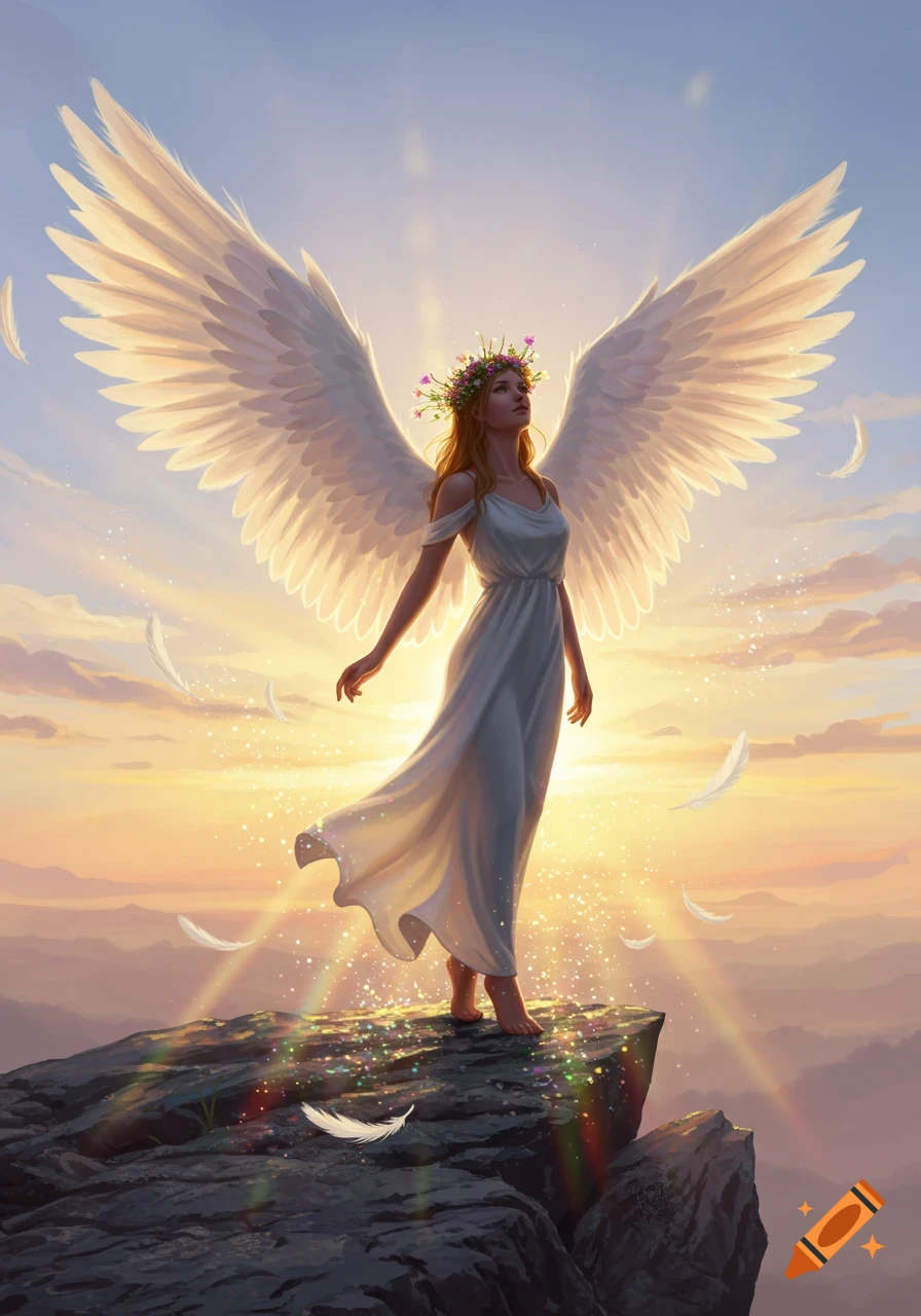 An angelic woman with large white wings and a flower crown stands on a rocky cliff, backlit by a vibrant sunset.