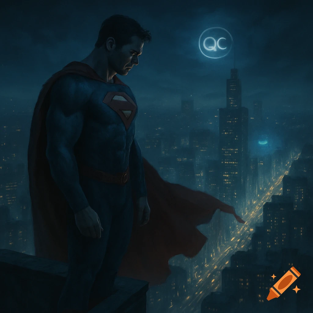 A contemplative Superman stands on a dark rooftop overlooking a vast night cityscape with a glowing 'QC' symbol. Digital art.